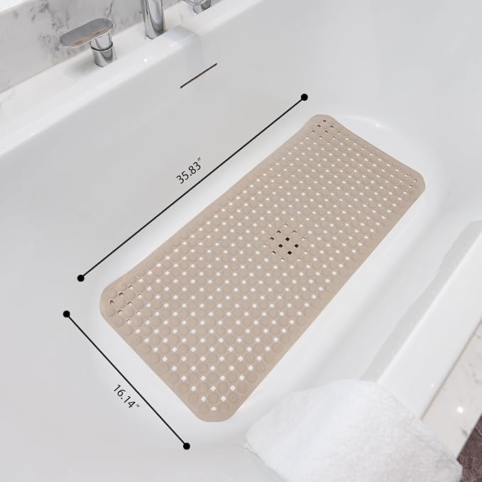Extra Large Non-Slip Bathtub Mat, 36x17” TPR Shower Mat with 198+ Suction Cups, Bath Mat for Elderly/Kids, Machine Washable & Fast Drainage, Foot Massage Design (Khaki, Extra Large)