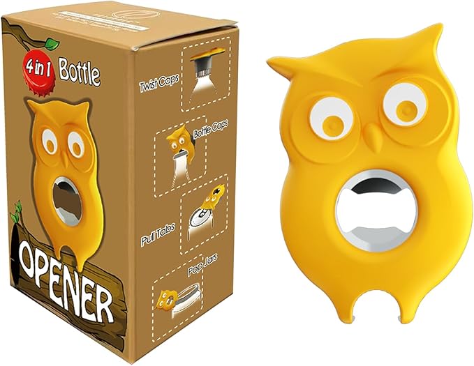 4-in-1 Manual Owl Bottle Opener - BPA-Free Multi-Function Opener for Bottle Caps, Jars, Pull Tabs & Twist Caps, Ergonomic Design for Kids, Seniors & Weak Hands (Yellow)