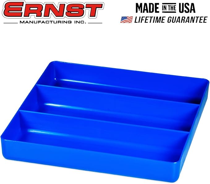 Ernst Manufacturing Toolchest Tray: Stackable Garage Organizer Tray in Blue with 3 Compartments - For Trades, Mechanics, Electricians, Plumbers, Household Use, Hobbies - Heavy Duty - Made in the USA