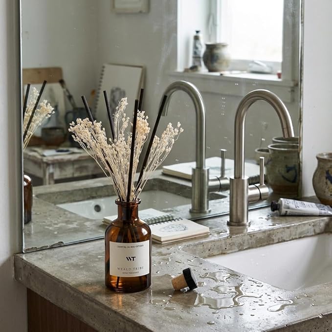 WEALD TRIBE Reed Diffuser Set for Bathroom Air Fresheners, Oil Diffuser Sticks | White Jasmine Scent 4.0 fl oz Home Fragrance with Sticks Defusers | House Bedroom Office Shelf Decor