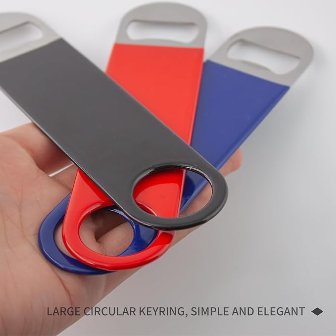7" Rubber Grip Stainless Steel Flat Bottle Opener, Black Red Blue Sturdy and Durable 3 Pcs Gifts for Friends, Suitable for Bar Bartender Men and Women Kitchen Restaurant Party