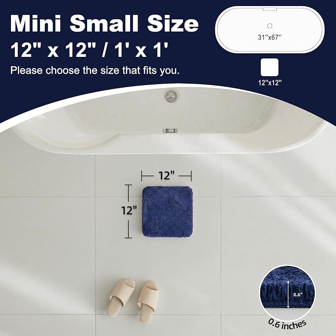 TYUU Small Bath Mat, Ultra Soft Bathroom Rugs Non Slip Washable, Super Absorbent Quick Dry Bath Rug with Rubber Backing for Bathroom Floor, Shower, or Sink, Navy Blue 12" x 12"