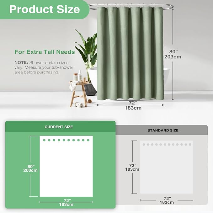 Dynamene Long Fabric Shower Curtain - Waffle Textured Tall Heavy Duty Cloth Shower Curtains for Bathroom, 256GSM Large Hotel Spa Luxury Bath Curtain Set with 12 Plastic Hooks(72Wx80H, Sage Green)