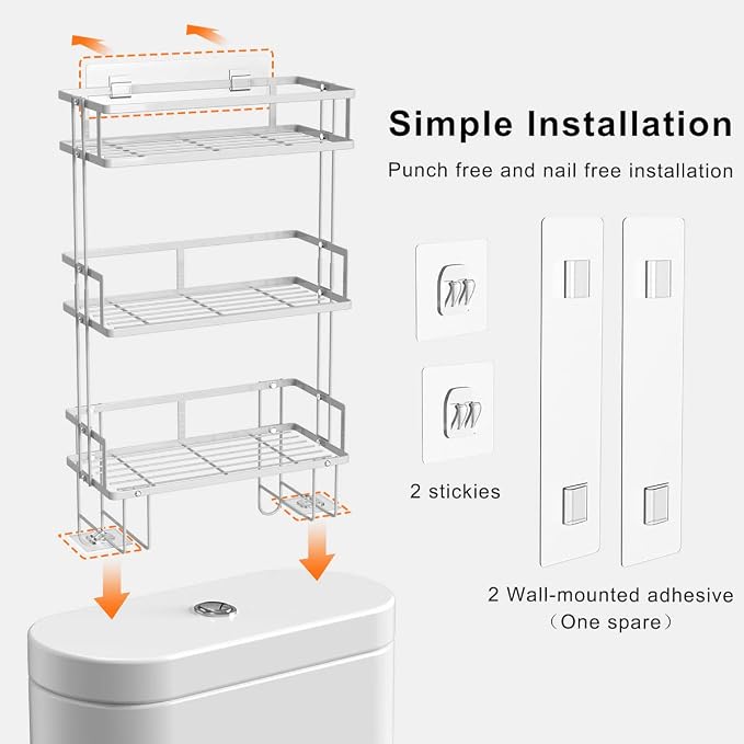FLOLXNB Over The Toilet Storage,3-Tier Bathroom Organizer Shelves with Paper Holder, Multifunctional Toilet Rack,No Drilling Storage Shelf, Home Storage Space Saver Wall Mounting Design,White