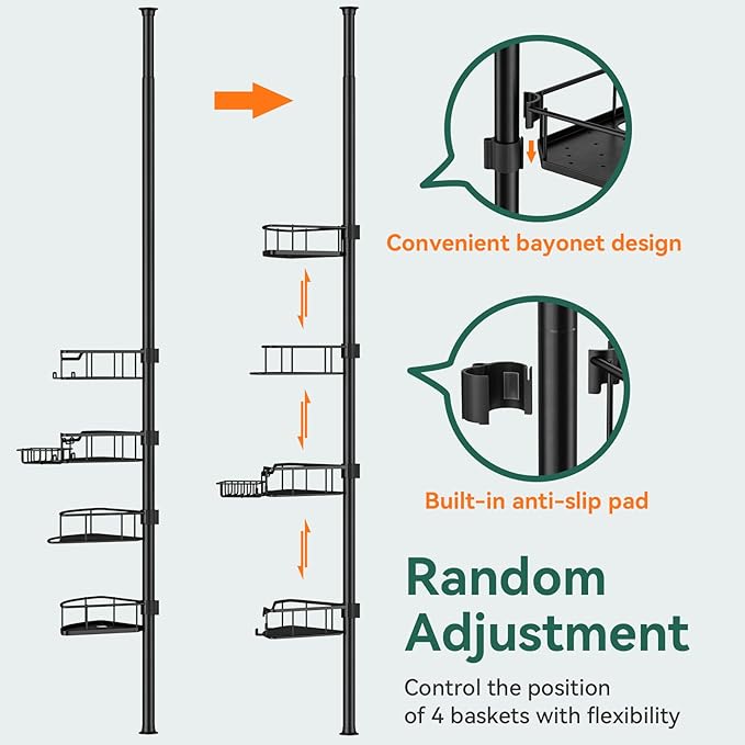 Corner Shower Caddy Tension Pole, 4 Tier Rustproof Shower Tension Rod Organizer, Adjustable 25-125 Inch Bathroom Shower Organizer Shelves for Bathtub Shampoo Storage, Black
