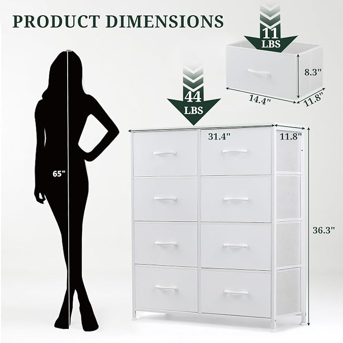 8-Drawer Dresser for Bedroom, Anti-Tip Tall Storage Organizer Chest of Drawers with Wooden Top and Metal Frame Fabric Bins for Closet, Living Room, Hallway, Entryway, White
