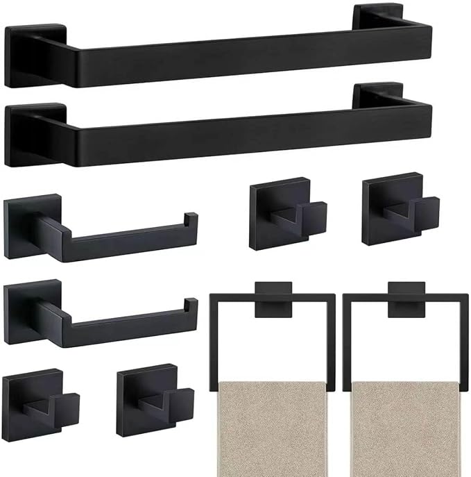 JOPOFI 10 Piece Bathroom Towel Bar Set - Thicken Stainless Steel Bath Towel Holder, 15.7 Inch Towel Racks for Bathroom Wall Mounted, Bathroom Hardware Accessories Set - Matte Black