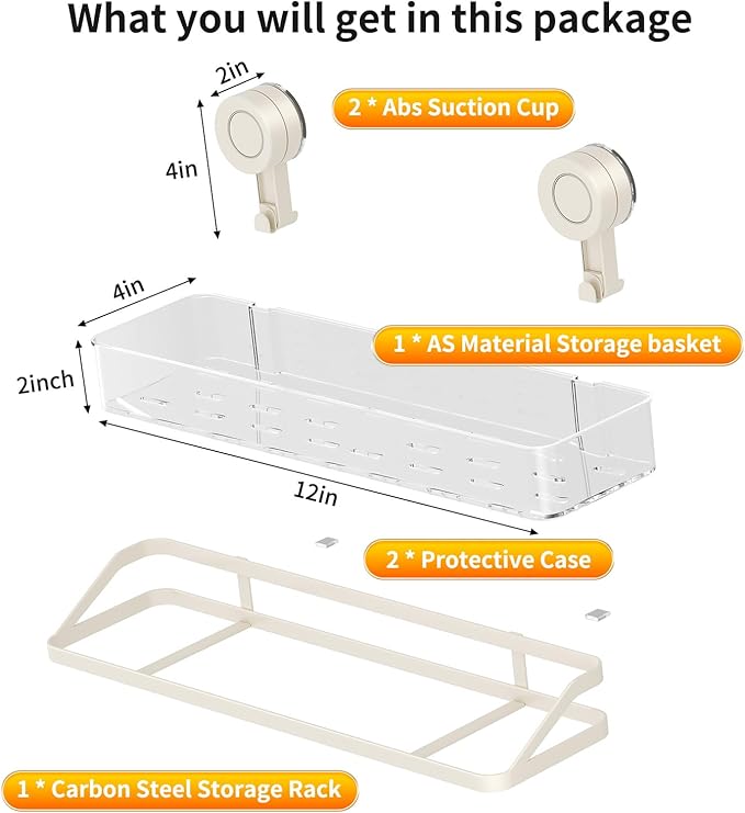 Suction Cup Shower Caddy, Removable Bathroom Organizer Shelf for Shower Storage, No Drilling Clear Square Shower Shelves, Large Capacity & Reusable, Home & Kitchen White