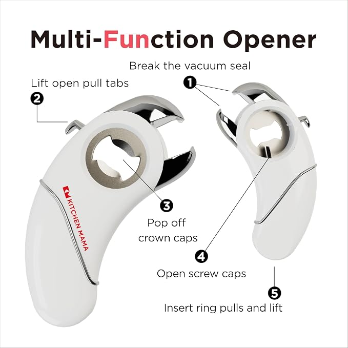 Kitchen Mama Epic One Multifunction Opener: A Pick Ergonomic Opener- Magnetic Bottle Opener, Beer & Soda Can Opener, Pull Tab & Jar Opener for Weak Hands and Arthritis (White)