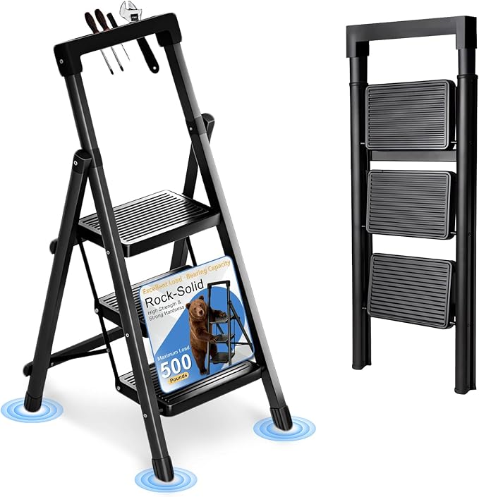 3 Step Ladder with Handrail Folding Step Stool with Tool Tray 500LBS Capacity Sturdy Carbon Steel Frame Anti-Slip Stripe Pedal for Home Kitchen Garage (black-3step)
