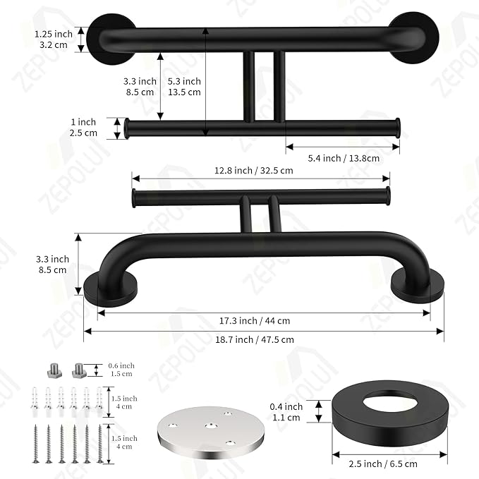 Black Handicap Grab Bar w/Toilet Paper Roll Holder, Zepolu 2-in-1 Safety Assist Bar Balanced Support Handle 17 Inch, Stainless Steel Wall Mounted Bathroom Toilet Grab Bar for Senior Elderly Disabled
