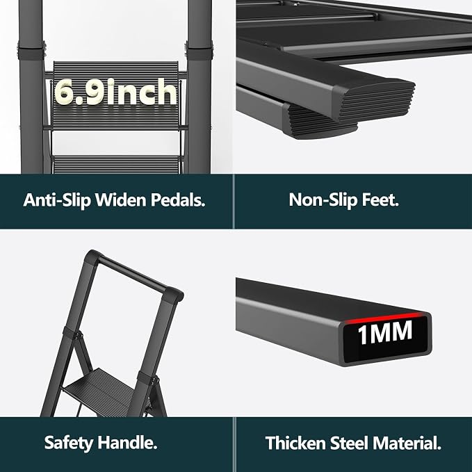 WOA WOA 4 Step Ladder, Ladders for Home, Anti-Slip Aluminum Pedals, Step Stool Foldable, Lightweight to Move, Ease of Storage, Reach 9ft for Closet Kitchen Library, Hold 300lbs - Black