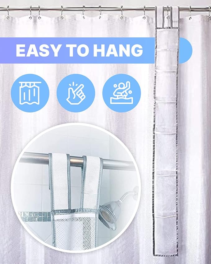 Skywin 7 Pockets Hanging Shower Curtain Liner Caddy 60 x 6 Inches (2 Pack) - 100% Polyester Mesh Shower Caddy Hanging - Shower Organizer for Shower Rod or Door with Adjustable Velcro Strap