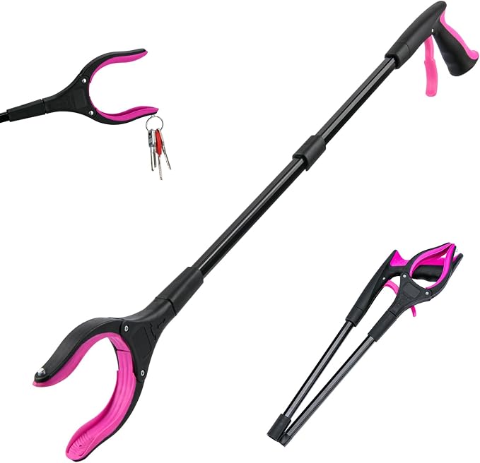 32" Grabber Reacher Tool, 360° Rotating Head, Wide Jaw, Foldable Reacher Grabber Pickup Tool,Anti-Slip Rotating Jaw with Magnet, 4" Wide Claw Opening Grabbers for Seniors (Purple)