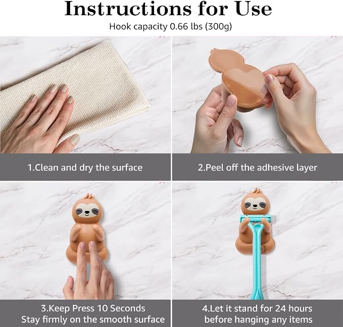 Cute Sloth Waterproof Self-Adhesive Shower Hook Set, Funny Sloth Razor Holder Bathroom Accessories for Men Women Sloth Lover, Sloth Lover Gifts for Women Men, Sloth Bathroom Decor