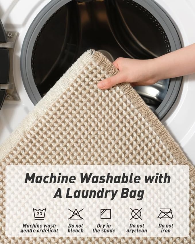 AMOAMI Upgraded Waffle Runner Rug Super Absorbent Non Slip Bath Mats for Bathroom Machine Washable Bathroom Runner Rug with Tassels, Ideal for Hallway Bedroom Laundry Room, 2' x 4', Brown & Cream