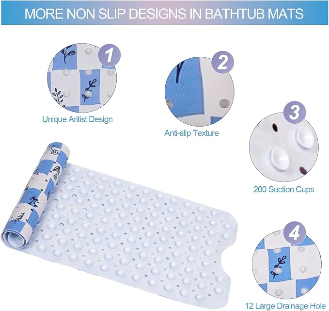 Bathtub Mat Non Slip 40x16 Inch Extra Long Bath Mat, Blue Floral Modern Art Shower Mat Non Slip Bath Mat for Tub Anti Slip with Large Drain Holes and Suction Cups, Rustic Flowers Design Bathroom Mat
