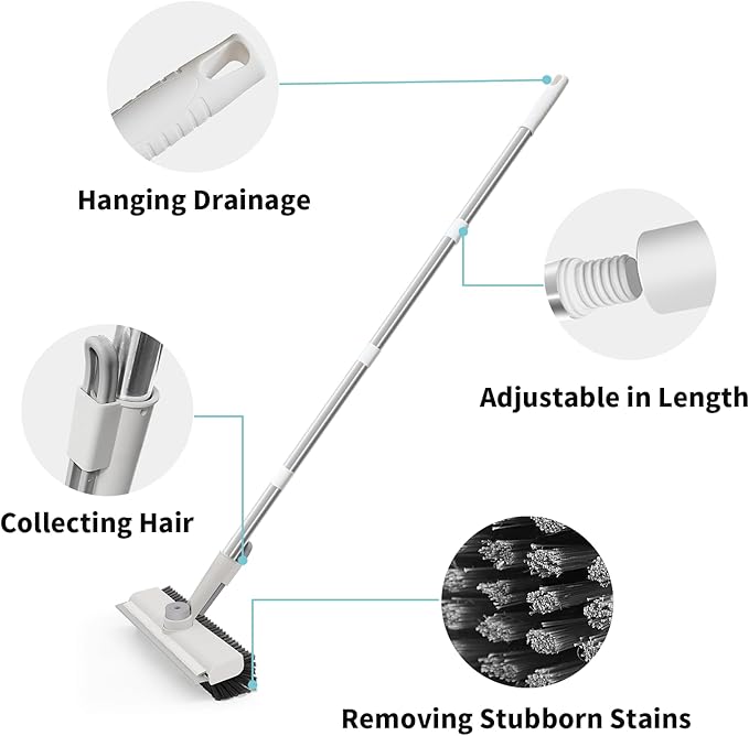 Floor Scrub Brush with Long Handle, 3 in 1 Scrape and Heavy-Duty Stiff Bristle Scrubber Brush Broom for Cleaning Shower Bathroom, Patio, Pool, Garage, Kitchen, Wall and Deck (White, 1 Pack)