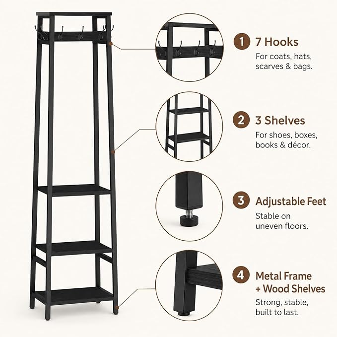 Coat Rack Freestanding, Coat Stand with 3 Shelves and 7 Hooks, Hall Tree Free Standing, Clothes Rack Stand Organizer for Bedroom, Hallway, Entryway, Living Room, Industrial Style, Black