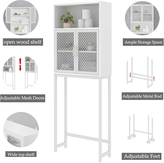 Launica Over the Toilet Storage Cabinet, Over Toilet Bathroom Organizer with Mesh Doors and Shelves, Freestanding Bathroom Storage Cabinet Above Toilet, Wood and Metal, White Oak