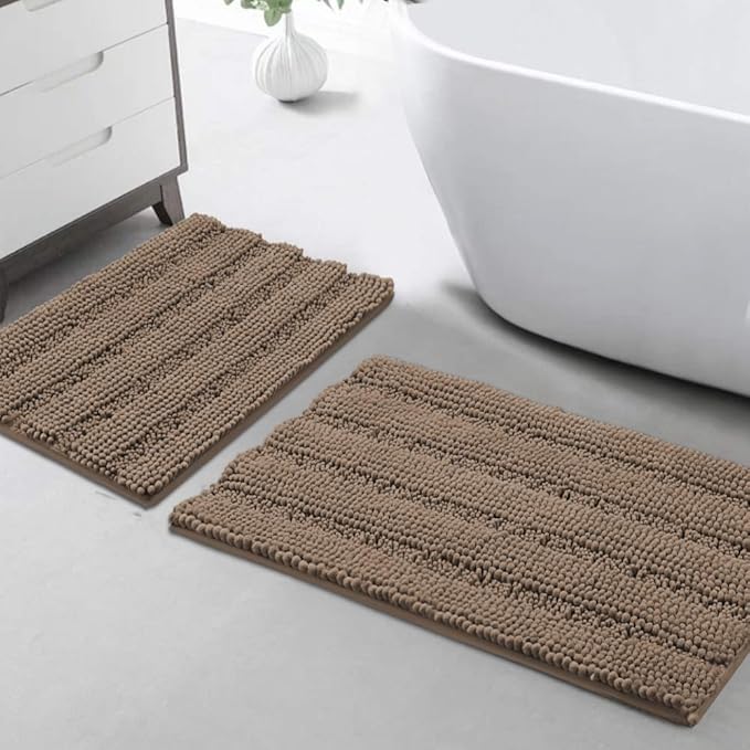 Turquoize Chenille Bath Rugs Shaggy Bathroom Rugs Non Slip Bath Rugs for Bathroom 20 x 32 and 17 x 24 Taupe Brown Bath Rug Extra Soft and Absorbent Area Rug, (20" x 32" and 17" x 24"), Taupe Brown