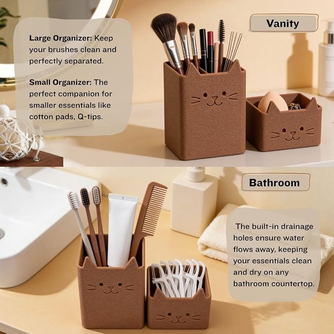 Office Desk Accessories, Set of 2 Pencil Cups, Cute Cat Pen Holder, Cute Desk Decor, Bathroom Organizer, Toothbrush Holders with Drainage, Makeup Brush Organizer, Cat Lover Gifts (Brown)