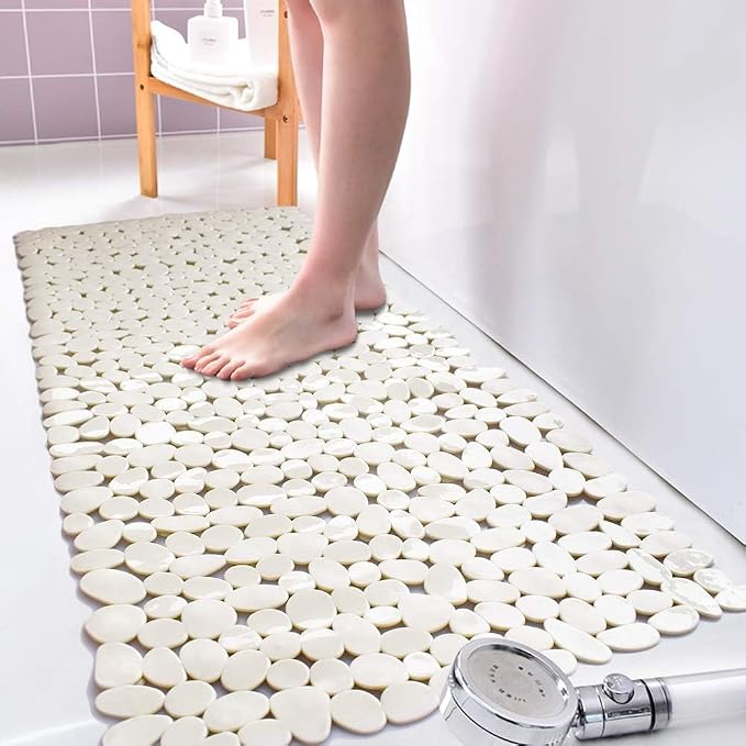 Bathtub Mat Non Slip 2 Pack, 35 x 16 Inches Pebble Shower Mat with Suction Cups and Drain Holes, Bath Mat for Shower,Bathroom tub (Beige)