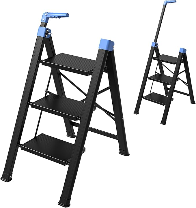 3 Step Ladder,Step Stool Foldable with Single-Handrail,Step Ladder with Anti-Slip Pedals for Home Kitchen Closet,Aluminum Sturdy Material,600lbs Max Load Capacity (Blue)