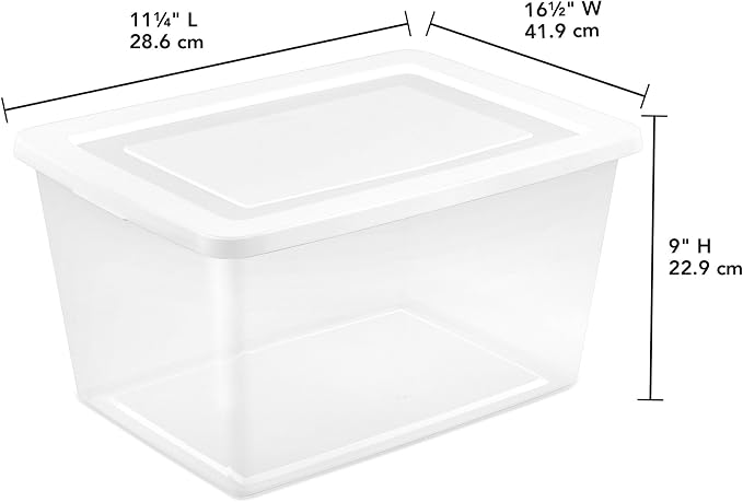 Sterilite 16 Pack Storage Box, 58 Quart Stackable Tote, Clear Plastic Container with Secure Snapping Lids for Home and Office Organization, White