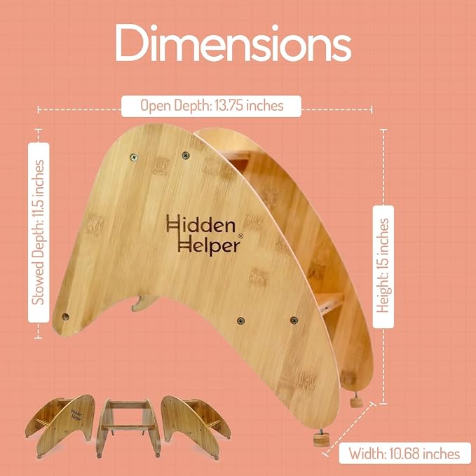 Hidden Helper Montessori Step Stool for Toddlers, Foldable Toddler Two Step Stool for Bathroom Sink & Kitchen Helper, Wooden Folding Stool for Kids Ages 2-5, Bamboo