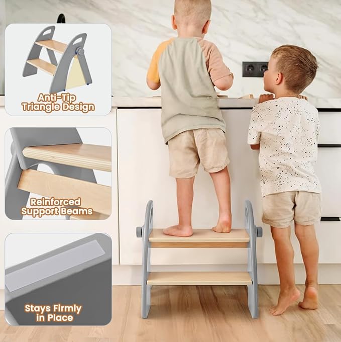 Wooden 2 Step Stool for Toddlers, Foldable 2-Step with Non-Slip Pads and Handles, Bamboo Step Stool for Kids Bathroom Sink and Potty Training, Kitchen Helper, Nursery Bedroom (Grizzly)