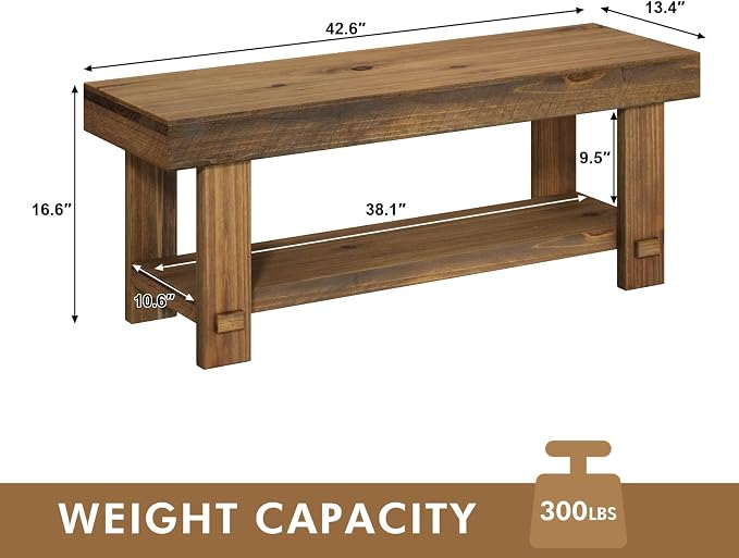 HOKYHOKY Solid Wood Entryway Bench - 42.6" Farmhouse Long Storage Benches, Narrow Bench Seat for Indoor, Entryway, Dining Room, Living Room, Bedroom and Hallway, Rustic Natural