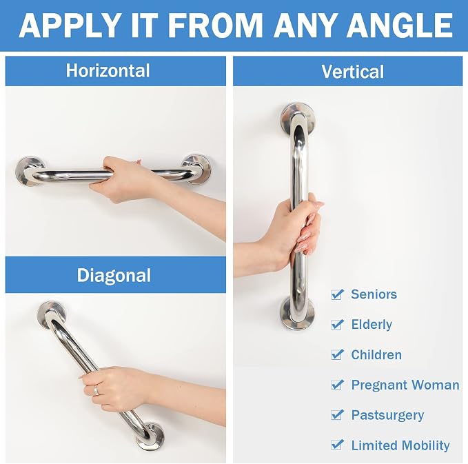 Therwen 12 Inch 6 Pack Shower Grab Bars Stainless Steel Bathroom Handicap Heavy Duty Handle Anti Slip Bathtub Handle Support Balance Hand Rail for Bathroom Wall Elderly Pregnant Seniors (Silver)