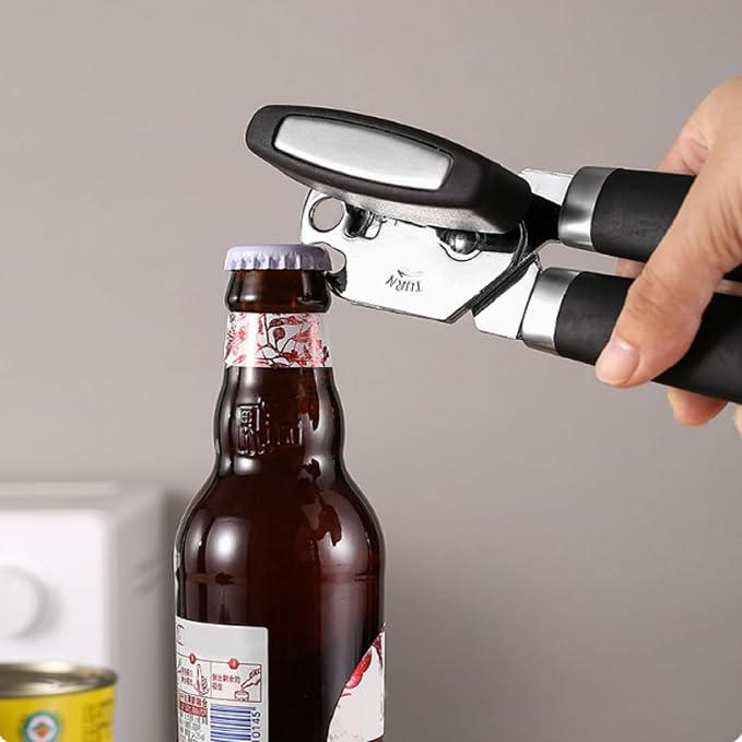 Bestac Multifunction Can and Bottle Opener for Kitchen and Home Use, Stainless Steel Smooth Edge Manual Can Opener and Bottle Openers, Soft-Grip Handles (Black)