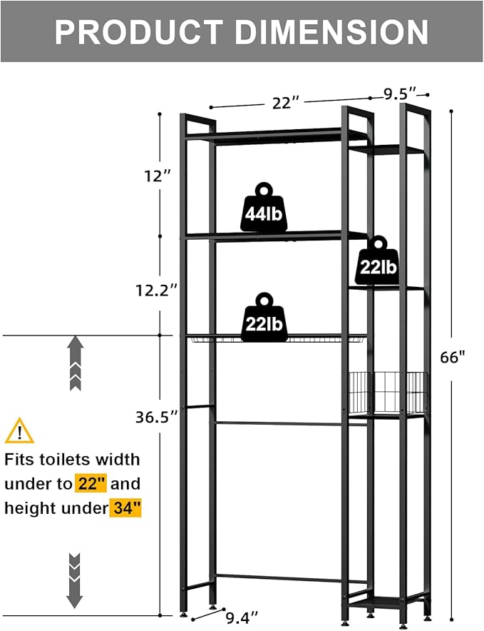 Over The Toilet Storage with Wooden Shelves and Side Rack, 7-Tier Black Over Toilet Bathroom Organizer Freestanding Storage Shelf for Toilet Paper, Towels, Toiletries, 31.5" Wide