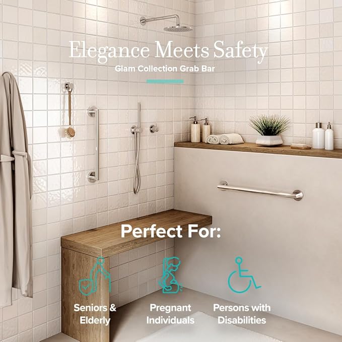 Gatco 970 Glam Shower Grab Bar, 12 Inch, ADA Compliant Stainless Steel, Satin Nickel, Wall Mounted Bathroom Handrail