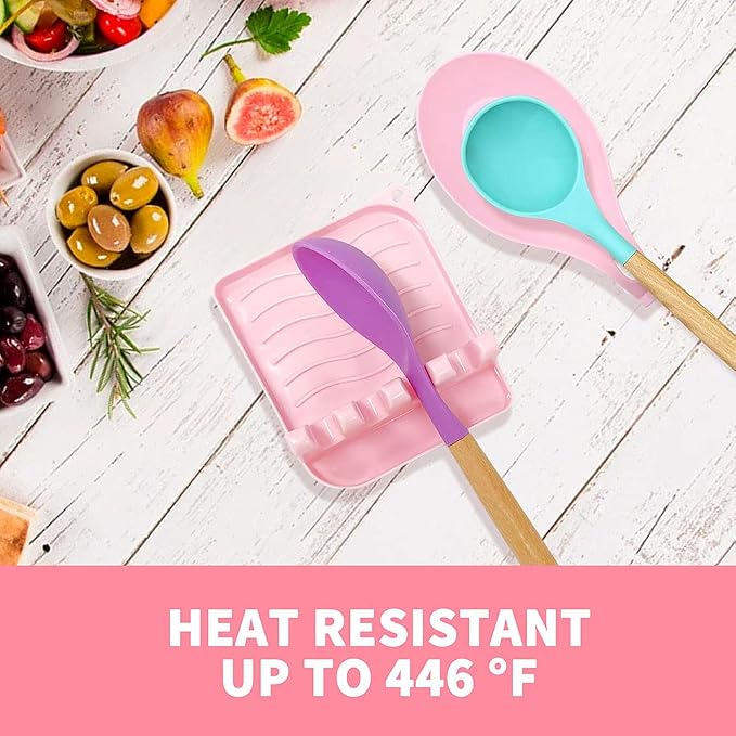 2 Pack Multiple Utensil Spoon Rest with Drip Pad Non-Slip Heat Resistant Kitchen and Grill Spoon Holder for Spatula, Ladle, Tongs, Kitchen Gadgets, and Cooking Accessories (Cute Pink)