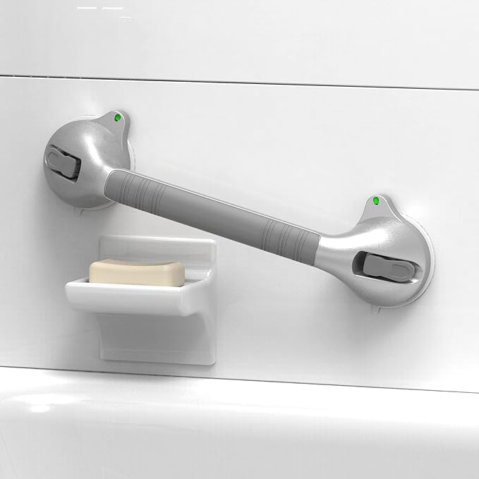 16.5inch Suction Bath Grab Bar with Indicators, Balance Assist Bathroom Shower Handle, Silver/Grey（Pack of 2）