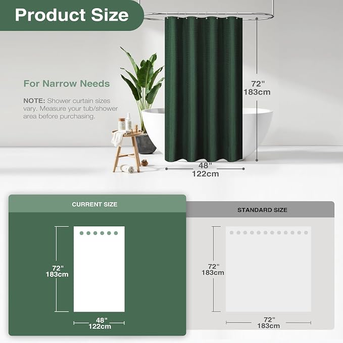 Dynamene Stall Fabric Shower Curtain - 48 inch Wide Waffle Weave Weighted Thick Cloth Shower Curtains for Bathroom, Neutral Heavy Duty Hotel Spa Luxury Bath Curtain Set with 8 Hook, 48x72, Dark Green