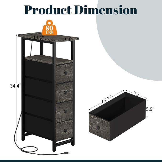 Yoobure LED Narrow Nightstand with Charging Station - Slim Dresser for Bedroom Narrow Side Table Storage Cabinet, Small Dressers Chest of Drawers, Tall Skinny Night Stand End Table for Small Spaces