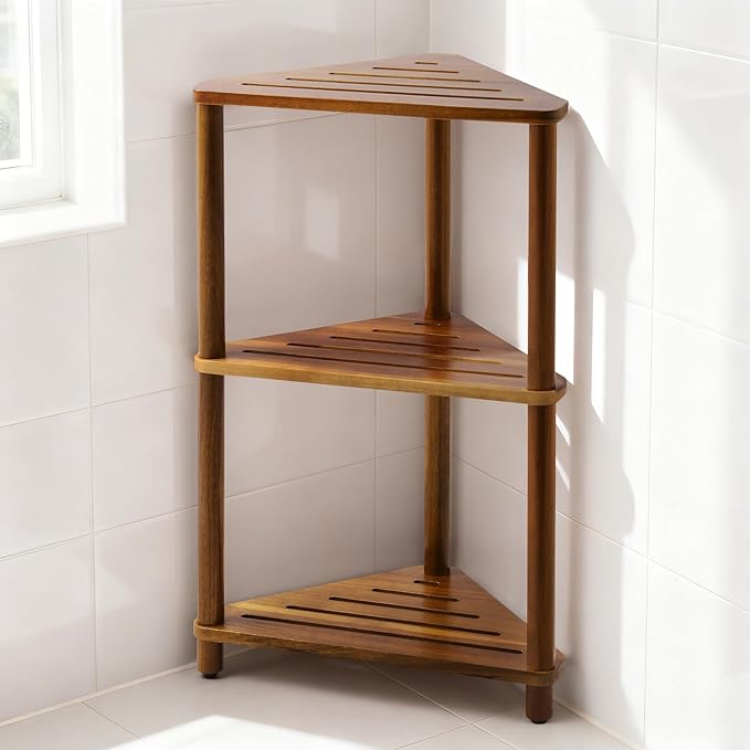 IBosins Corner Shower Shelf 3-Tier Shower Caddy Standing Bathroom for Inside Shower Stool Storage for Kitchen Livingroom Bedroom - Acacia Wood