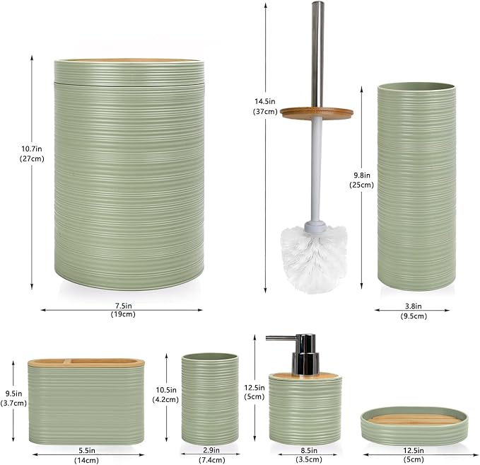 CERBIOR Bathroom Accessories Set 6 Piece Bamboo Bath Ensemble Includes Soap Dispenser, Toothbrush Holder, Toothbrush Cup, Soap Dish for Decorative Countertop and Housewarming Gift, Sriral Green