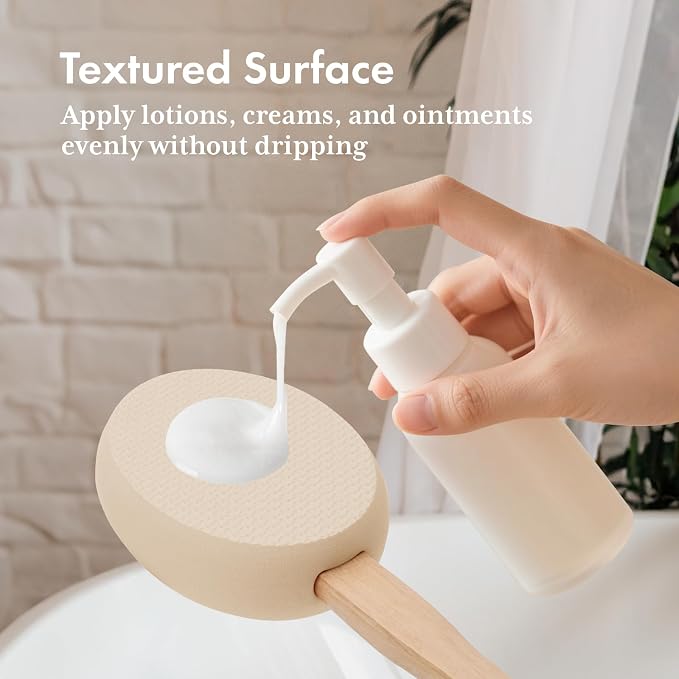 AmazerBath Lotion Applicator for Back, Feet, 4 Replacement Pads with 17" Curved Handle, Back Sunscreen Applicator for Kids, Elderly, Women, Apply Skin Cream Medicine Moisturizer Tanner, Ivory White