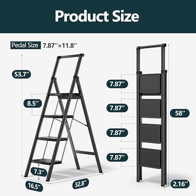 WOA WOA Step Ladder for Home, Foldable Step Stool for Kitchen with Non-Slip Pedals, Sturdy Ladders Supports up to 330 lbs, Compact and Portable - 4 Step with Handle/Black