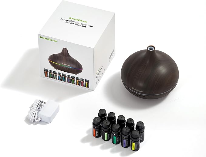InnoGear Aromatherapy Diffuser & 10 Essential Oils Set, 400ml Diffuser Ultrasonic Diffusers for Home Cool Mist Humidifier with 4 Timers 7 Colors Light Waterless Auto Off, Dark Wood Grain