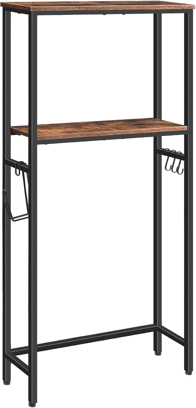 HOOBRO Over The Toilet Storage, 2-Tier Bathroom Organizer Over Toilet, Freestanding Bathroom Storage Shelves with Toilet Paper Holder and Hooks, Space Saver for Room, Rustic Brown and Black BF49TS01