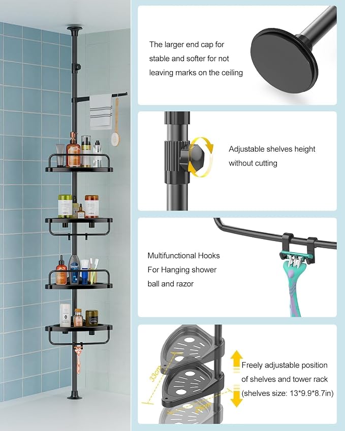 ADOVEL 4 Layer Corner Shower Caddy, Stainless Steel Constant Tension Pole Shower Organizer, Adjustable Corner Shower Shelf, Rustproof 3.3 to 9.8 ft