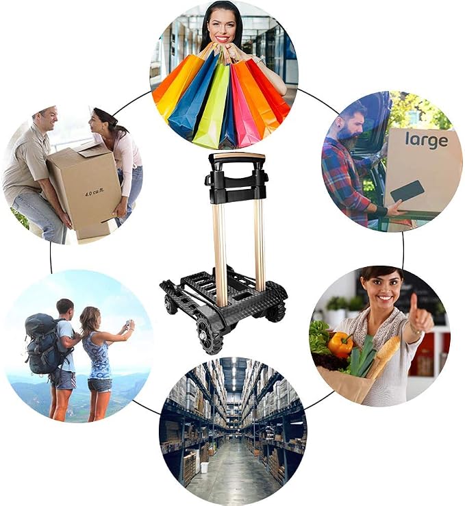 Folding Hand Truck Portable Dolly Compact Utility Luggage Cart with 70Kg/155Lbs Heavy Duty 4 Wheels Solid Construction Adjustable Handle for Moving Travel Shopping Office Use (Black)