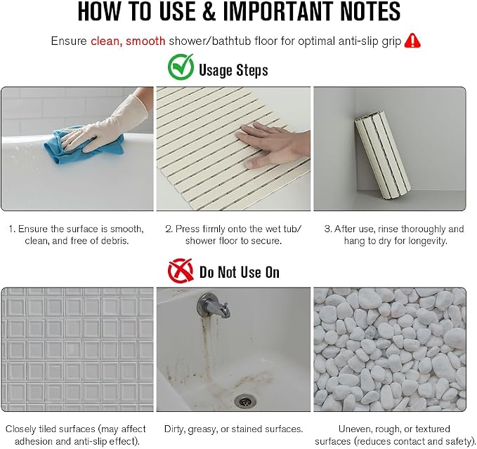 MBOSS Bath Tub Shower Mat Non Slip Bathtub Mats for Bathroom Shower Floor Mat Bath Mats for Shower Tub Anti Slip Shower Mat with Drain Hole and Large Suction Cups (Ivory White, 37.5 X 15.7 Inch)
