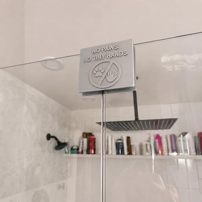 Frameless Glass Shower Door Lock Sleeve - Baby Proofing & Pet Stopper for Bathroom Sliding Doors - No-Drill Security Bumper,Funny Sign – (Silver, 3/8 inch)